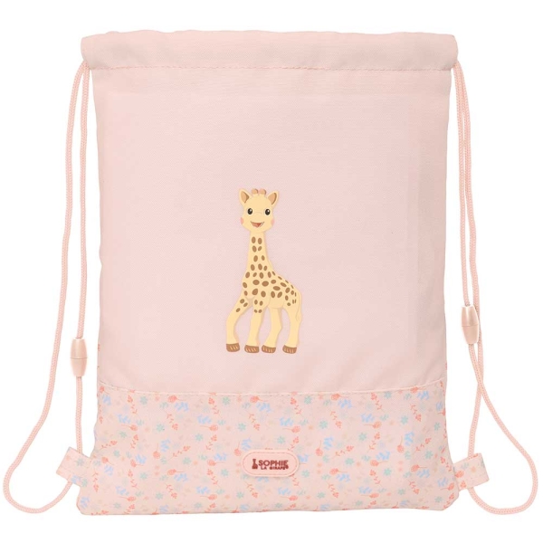 Safta Sophie la Girafe Joy Saco Plano - Bolsillo con Cremallera - Cierre con Cordones - Material Reciclado - Repelente al Agua - Compacto y Ligero - 3L - 260x10x340mm - Color Rosa Pastel