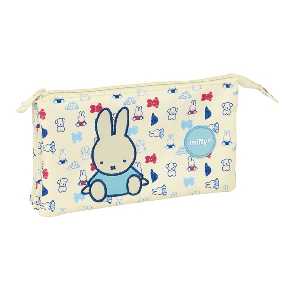 Safta Miffy Buddy Portatodo - 3 Compartimentos con Cremalleras - Resistente al Agua - Material Reciclado - 0.6L - 220x30x120mm - Color Beige