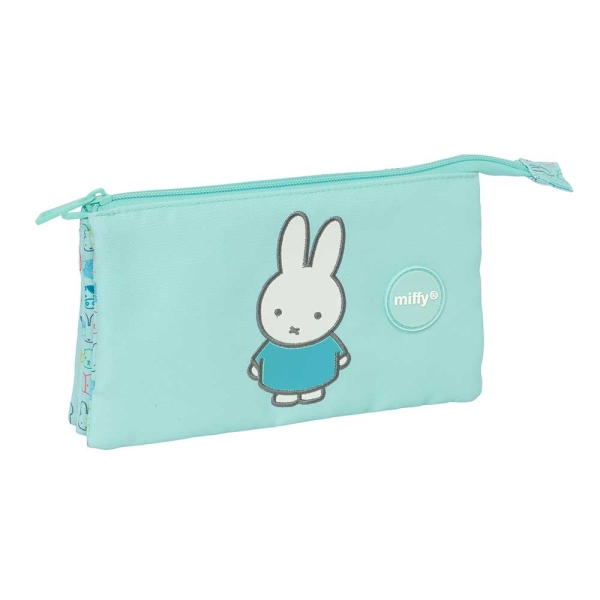 Safta Miffy Friends Portatodo - 3 Compartimentos con Cremalleras - Bolsillo Interior - Resistente al Agua - Material Reciclado - 0.6L - 220x30x120mm - Color Azul Claro