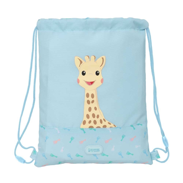 Safta Sophie la Girafe Dreams Saco Plano - Bolsillo con Cremallera - Cierre con Cordones - Material Reciclado - Repelente al Agua - 3L - 260x10x340mm - Color Azul Claro