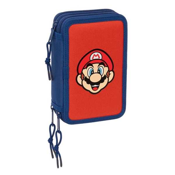 Safta Super Mario Mamma Mia Plumier de 3 Pisos - 37 Piezas - 1.3L - Goma - Lapiz - Boligrafos - Sacapuntas - Reglas - 16 Colores - 14 Rotuladores - 125x55x195mm - Color Rojo y Azul