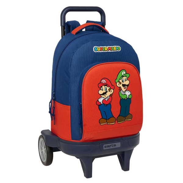 Safta Super Mario Mamma Mia Mochila con Carro - 33L - Ruedas Antivibracion - Bolsillo Frontal - PVC - Hombreras Acolchadas - Extraible - Portabotellas - 330x220x450mm - Color Rojo y Azul