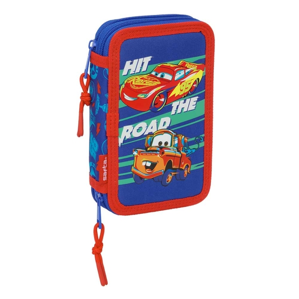 Safta Cars Plumier de 2 Pisos - 29 Piezas - 1L - Goma - Lapiz - Boligrafos - Sacapuntas - 10 Colores - 14 Rotuladores - 125x40x195mm - Color Azul