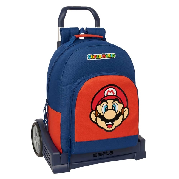 Safta Super Mario Mamma Mia Mochila con Carro - Tirador Doble - Hombreras Acolchadas - Mochila Extraible - Ruedas Antivibracion - Sistema de Bloqueo - 320x150x420mm - Color Rojo y Azul