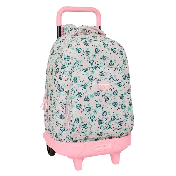 Safta Minnie Mouse Minty Mochila con Carro - 2 Compartimentos - Bolsillo Frontal - Portabotellas - Acolchado - Cubre Ruedas - 44L - Asa de Mano - 320x210x450mm - Color Rosa Pastel