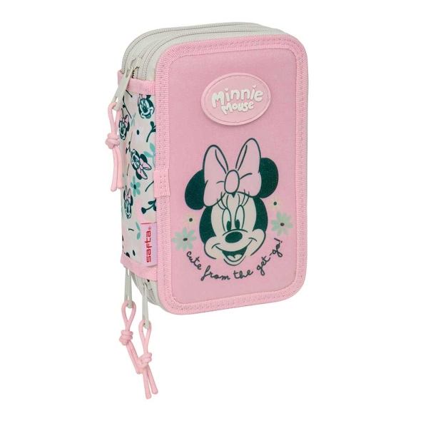 Safta Minnie Mouse Minty Plumier de 3 Pisos - 37 Piezas - 1.3L - Goma - Lapiz - Boligrafos - Sacapuntas - Reglas - 16 Colores - 14 Rotuladores - 125x55x195mm - Color Rosa Pastel