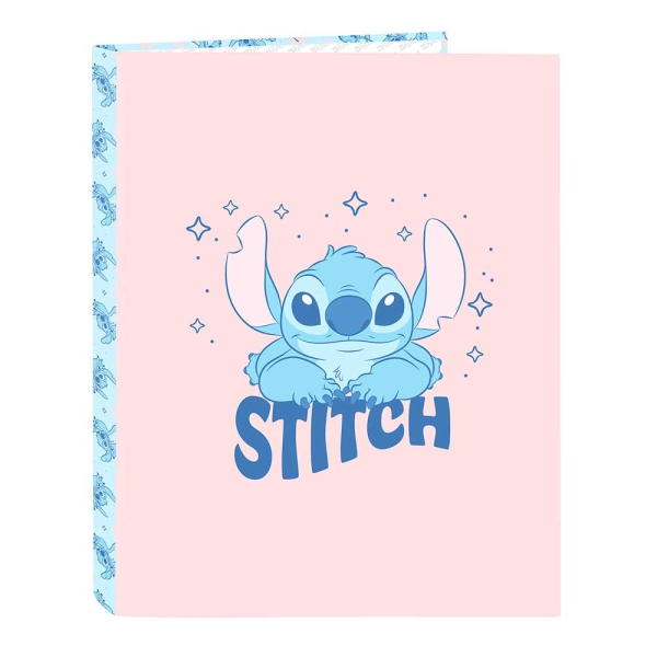 Safta Stitch Ohana Carpeta con 4 Anillas 25mm - Tapas Duras Forradas - Formato Folio - Ligera y Compacta - 265x40x330mm - Color Rosa Pastel