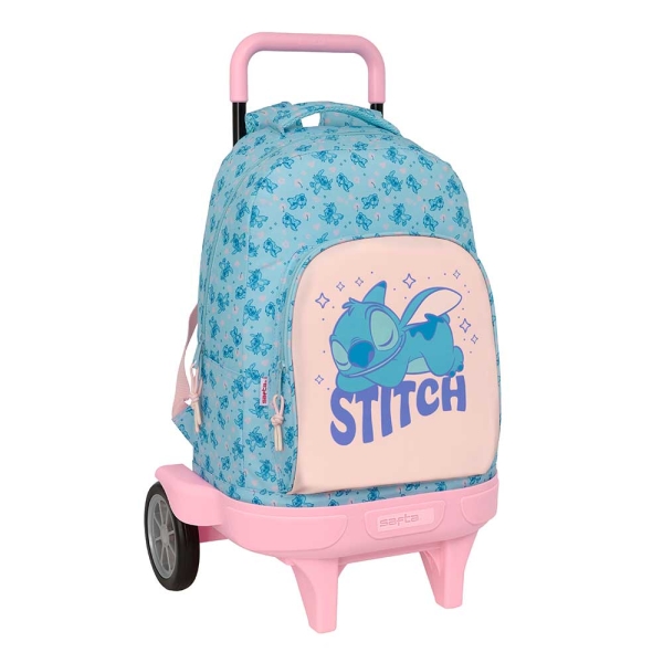 Safta Stitch Ohana Mochila con Carro - Bolsillo Frontal - Portabotellas - Tirador Doble - Hombreras Acolchadas - Asa Acolchada - Tarjeta ID - Ruedas Antivibracion - 330x220x450mm - Color Azul Claro