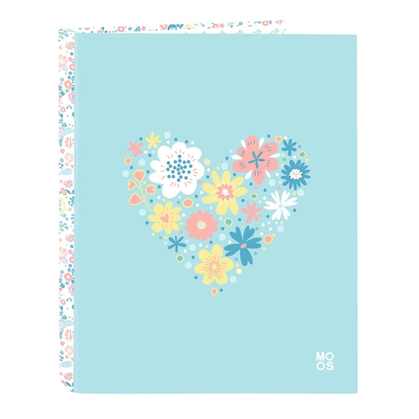 Safta Moos Fiori Carpeta con 4 Anillas 25mm - Tapas Duras Forradas - Formato Folio - 265x40x330mm - Color Azul Claro