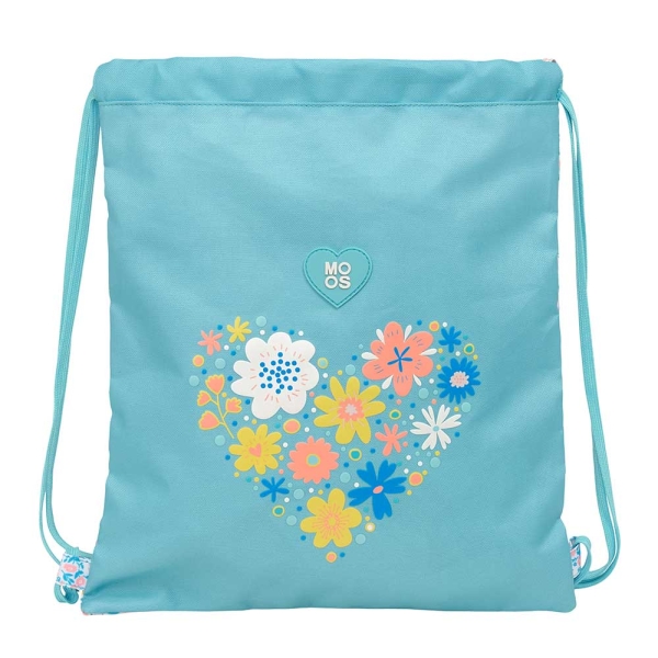 Safta Moos Fiori Saco Plano - Bolsillo con Cremallera - Cierre con Cordones - Material Reciclable - 5L - 350x10x400mm - Color Azul Claro