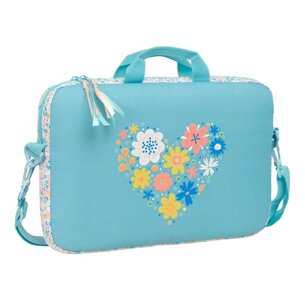 Safta Moos Fiori Maletin para Portatil hasta 15.6" - Interior Acolchado - Material Reciclado - Bandolera Ajustable - Asas de Mano - Tirador Doble - 4L - 400x40x270mm - Color Azul Claro