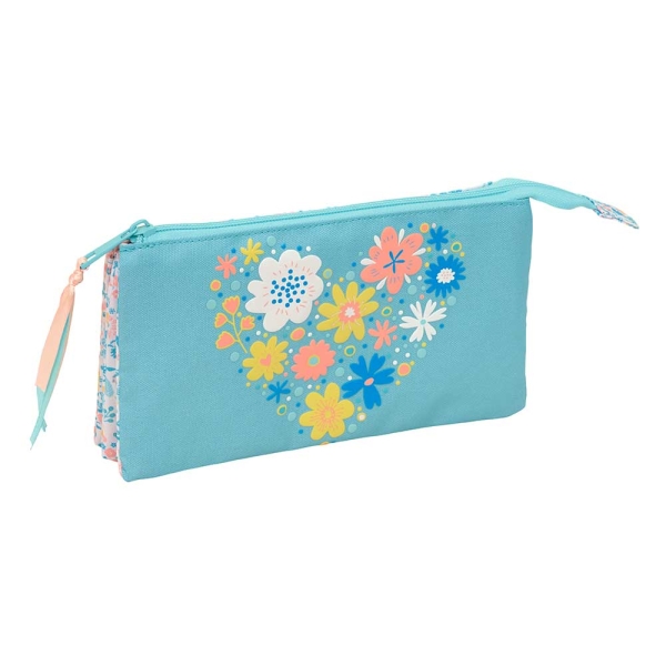 Safta Moos Fiori Portatodo - 3 Compartimentos con Cremalleras - 0.6L - 220x30x120mm - Color Azul Claro