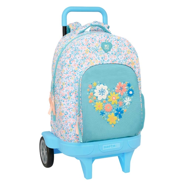 Safta Moos Fiori Mochila con Carro - Ruedas Antivibracion Ultrasilenciosas - Bolsillo Frontal - Portabotellas - Hombreras Acolchadas - Tarjeta ID - 330x220x450mm - Color Azul Claro