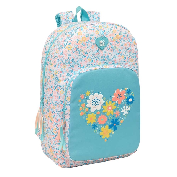 Safta Moos Fiori Mochila Adaptable a Carro - Tirador Doble - Bolsillo Frontal - Hombreras Ergonomicas - Material Reciclado - 19.30L - 300x140x460mm - Color Azul Claro