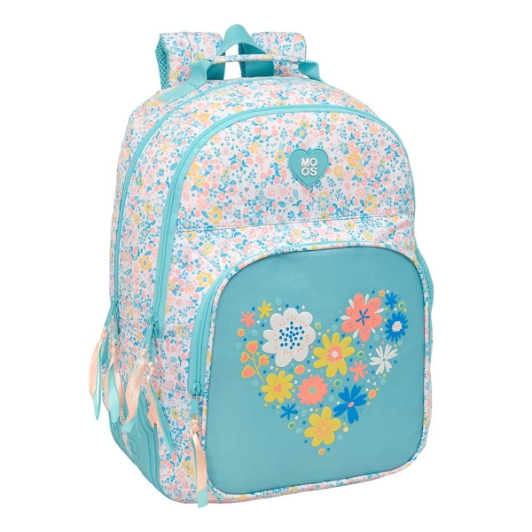 Safta Moos Fiori Mochila con 2 Compartimentos - Antirozaduras - Adaptable a Carro - Portabotellas - Tirador Doble - Material Reciclable - 20L - 320x150x420mm - Color Azul Claro