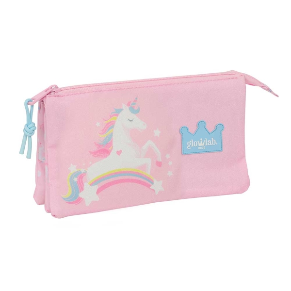 Safta Glowlab Kids Portatodo - 3 Compartimentos con Cremalleras - Bolsillo Interior - 0.6L - 220x30x120mm - Color Rosa