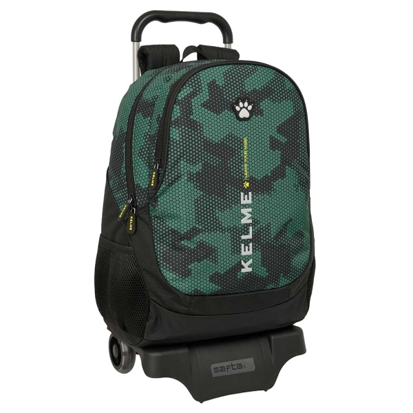 Safta Kelme Camo Mochila con Carro - Portabotellas - 2 Compartimentos - Tirador Doble - Espalda Acolchada - Asa Superior - Mochila Extraible - 22.5L - 320x160x440mm - Color Verde Camuflaje
