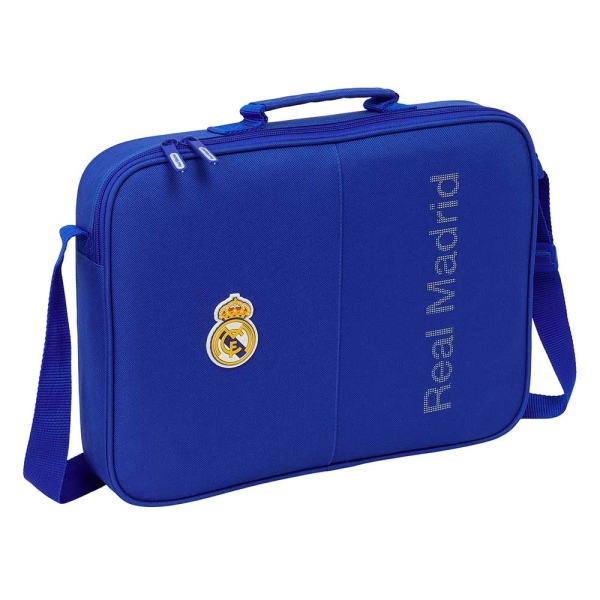 Safta Real Madrid Maletin con Cremallera - Bandolera Ajustable - Asa Forrada - Doble Tirador - Fondo Semirigido - 6L - 380x60x280mm - Color Azul