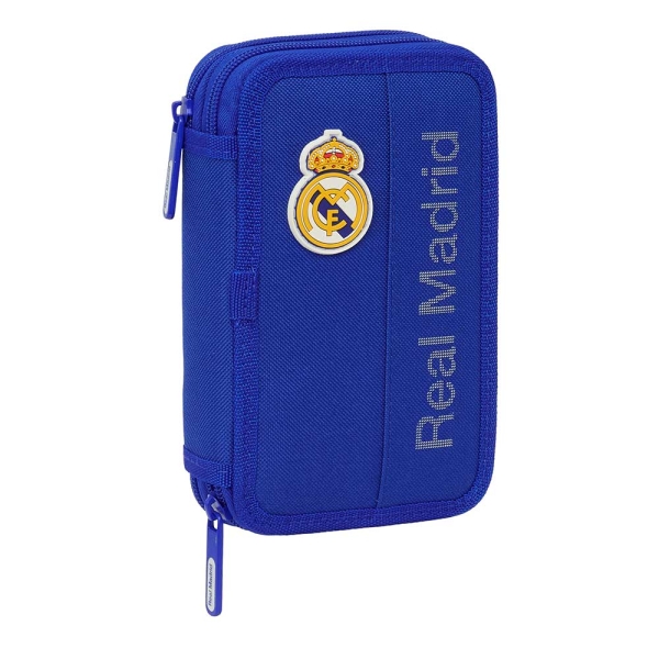 Safta Real Madrid Plumier de 2 Pisos - 29 Piezas - 1L - Goma - Lapiz - Boligrafos - Sacapuntas - 10 Colores - 14 Rotuladores - 125x40x195mm - Color Azul