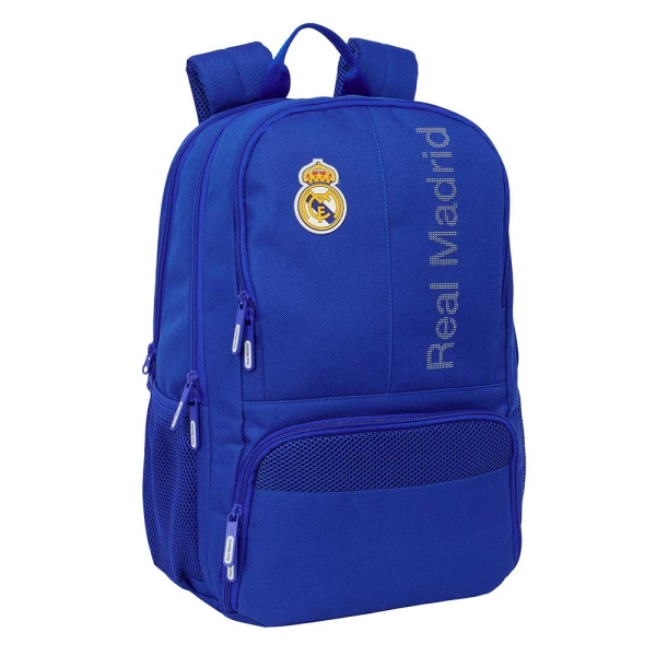 Safta Real Madrid Mochila para Portatil hasta 14.1" - Cierre Raqueta de Padel - Portabotellas - Bolsillo para Zapatillas - Rejilla Transpirable - 21.40L - 300x170x420mm - Color Azul