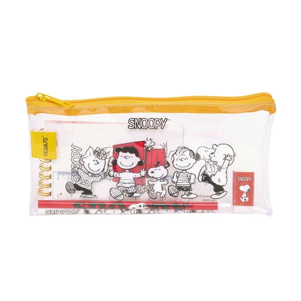 Safta Snoopy Pack Escolar con Portatodo de PVC - Cierre ZIP - Regla 15cm - 2 Lapices - Sacapuntas - Goma - Bloc de Notas con 70 Hojas - 225x105mm - Color Transparente