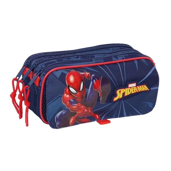 Safta Spider-Man Portatodo - 3 Compartimentos con Cremalleras - Bolsillo Frontal - Cinta Adaptable - 1.72L - 215x80x100mm - Color Azul Marino