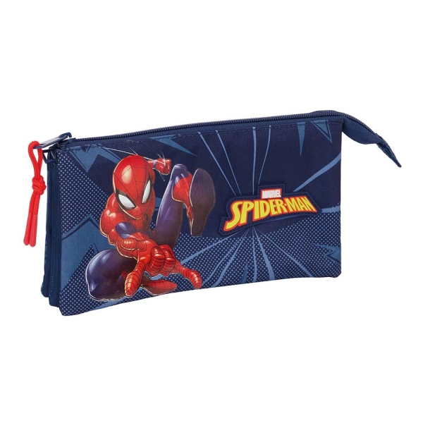 Safta Spider-Man Portatodo - 3 Compartimentos con Cremalleras - Bolsillo Interior - 0.6L - 220x30x120mm - Color Azul Marino