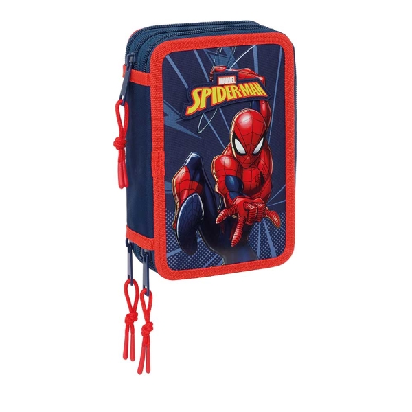 Safta Spider-Man Plumier de 3 Pisos - 37 Piezas - 1.3L - Goma - Lapiz - Boligrafos - Sacapuntas - Reglas - 16 Colores - 14 Rotuladores - 125x55x195mm - Color Azul Marino