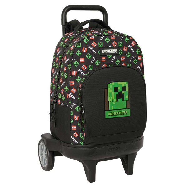 Safta Minecraft Mochila con Carro - Extraible - Bolsillo Frontal - Ruedas Antivibracion - Asa Acolchada Superior - Carro de Polipropileno - Base Reforzada - 33L - 330x220x450mm - Color Negro