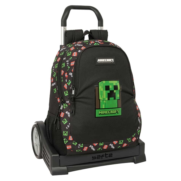 Safta Minecraft Mochila con Carro - Portabotellas - Dos Compartimentos Grandes - Tirador Doble - Hombreras y Espalda Acolchadas - Asa de Mano - Mochila Extraible - 22.5L - 320x160x440mm - Color Negro