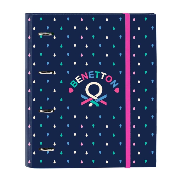 Safta Benetton Drop Carpeta con 4 Anillas 35mm - Tapas Duras Forradas - Recambio 100 Hojas - Cuadriculas 5x5mm - Cierre Elastico - Incluye Separadores - 270x35x320mm - Color Azul Oscuro