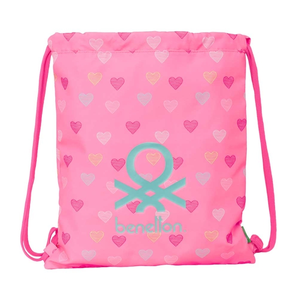 Safta Benetton Heart Saco Plano - Bolsillo con Cremallera - Cierre con Cordones - 5L - Ligero y Portatil - 350x10x400mm - Color Rosa
