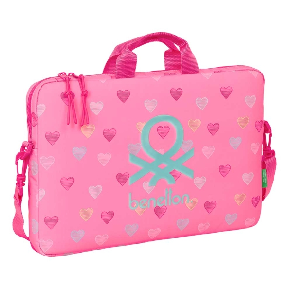 Safta Benetton Heart Maletin para Portatil hasta 15.6" - Interior Acolchado - Bandolera Ajustable - Asas de Mano - Doble Tirador - 4L - 400x40x270mm - Color Rosa