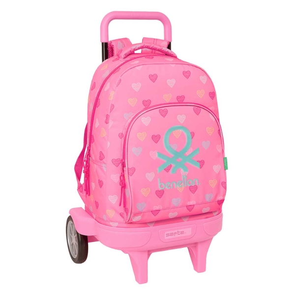 Safta Benetton Heart Mochila con Carro - Bolsillo Frontal - Portabotellas - Hombreras Acolchadas - Asa Acolchada - Tarjeta ID - Ruedas Antivibracion - Base Reforzada - 33L - 330x220x450mm - Color Rosa