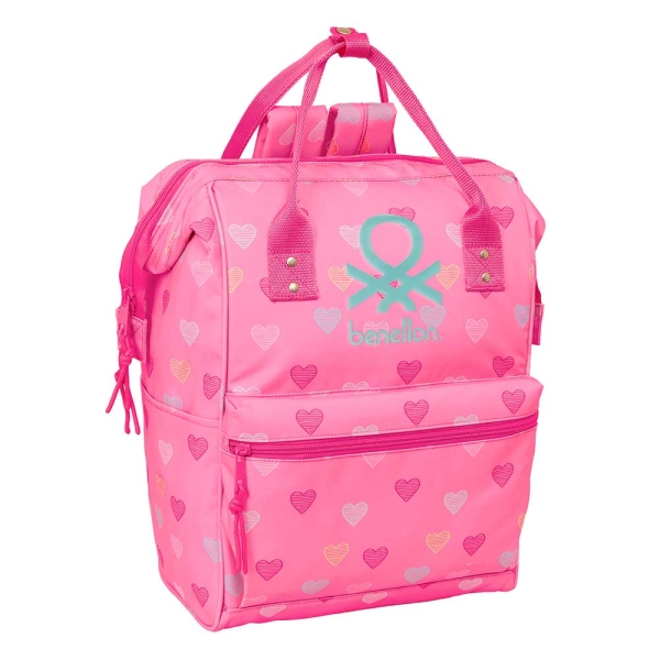 Safta Benetton Heart Mochila para Portatil hasta 13" - Interior Acolchado - Bolsillo con Cremallera - Asas Superiores - Hombreras Ergonomicas - Doble Tirador - 270x190x400mm - Color Rosa
