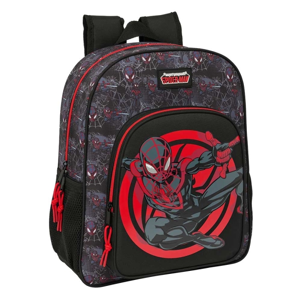 Safta Miles Morales Mochila - Adaptable a Carro - Portabotellas - Tirador Doble - Hombreras Ergonomicas Acolchadas - Bolsillo Frontal - Asa de Mano Superior - 15L - 320x120x380mm - Color Negro y Rojo