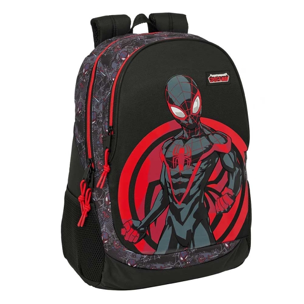 Safta Miles Morales Mochila Adaptable a Carro - Portabotellas - Compartimentos Grandes - Tirador Doble - Hombreras Ergonomicas - Asa de Mano Superior - 23L - 320x160x440mm - Color Negro y Rojo