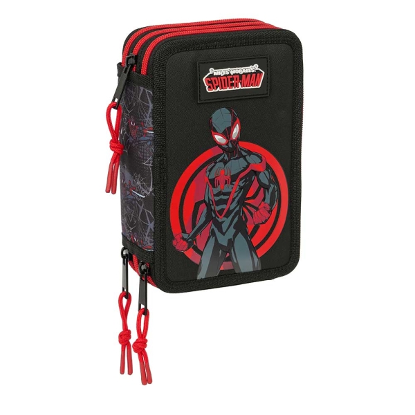 Safta Miles Morales Plumier de 3 Pisos - 37 Piezas - 1.3L - Goma - Lapiz - Boligrafos - Sacapuntas - Reglas - 16 Colores - 14 Rotuladores - Ideal para Estudiantes - 125x55x195mm - Color Negro y Rojo