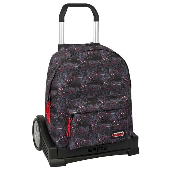 Safta Miles Morales Mochila con Carro - Cremallera - Tirador Doble - Asa Superior - Mochila Extraible - Carro con Ruedas - Ruedas Antivibracion - 20.79L - 330x150x420mm - Color Negro y Rojo
