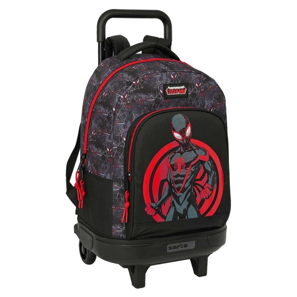 Safta Miles Morales Mochila con Carro - Extraible - Bolsillo Frontal - Portabotellas - Tirador Doble - Hombreras Acolchadas - Asa Acolchada - Tarjeta ID - 33L - 330x220x450mm - Color Negro y Rojo