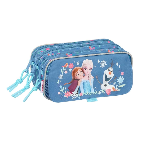 Safta Frozen Portatodo - 3 Compartimentos con Cremalleras - Bolsillo Frontal - Cinta Adaptable - 1.72L - 215x80x100mm - Color Azul