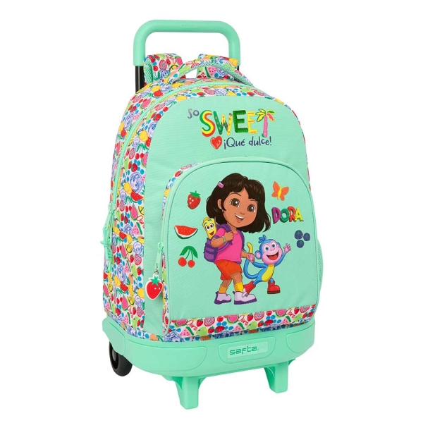 Safta Dora Mochila con Carro - Bolsillo Frontal - Portabotellas - Tirador Doble - Hombreras Acolchadas - Asa Acolchada - Tarjeta ID - Bandeja PVC - Base Reforzada - 33L - 330x220x450mm - Color Menta