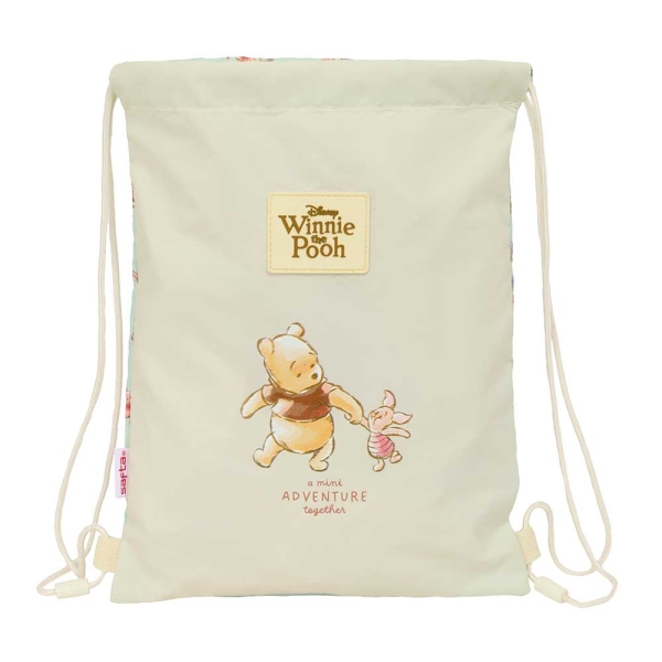 Safta Winnie The Pooh Saco Plano - Bolsillo con Cremallera - Cierre con Cordones - 3L - 260x10x340mm - Color Beige