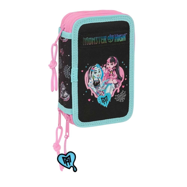 Safta Monster High Plumier de 3 Pisos - 37 Piezas - 1.3L - Goma - Lapiz - Boligrafos - Sacapuntas - Reglas - 16 Colores - 14 Rotuladores - 125x55x195mm - Color Negro
