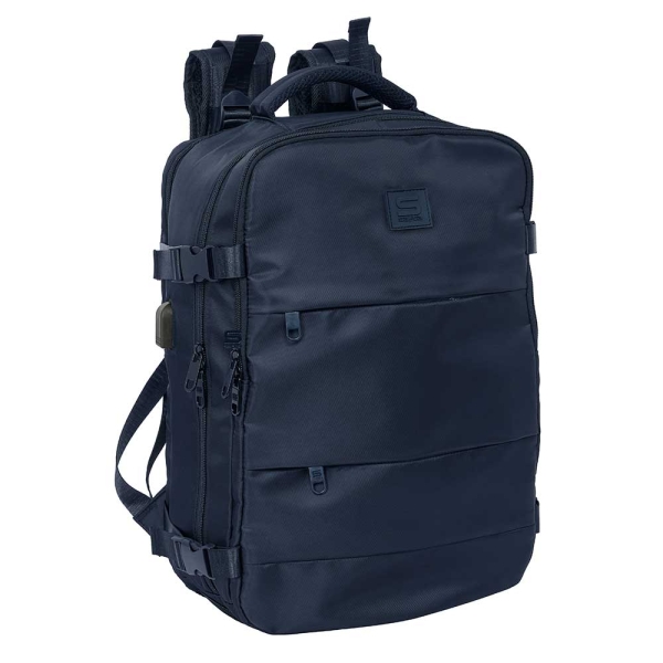 Safta Mochila de Cabina - Bolsillo para Portatil hasta 15.6" - Organizador Interior - Portabotellas - USB - Zapatillero - Espalda Transpirable - 23.1L - 290x190x440mm - Color Azul Marino