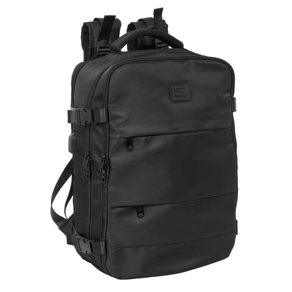Safta Mochila de Cabina - Bolsillo para Portatil hasta 15.6" - Conector USB - Portabotellas - Zapatillero - Cinta para Maleta - Cierres de PVC - 23.1L - 290x190x440mm - Color Negro