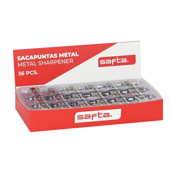 Safta Expositor con 36 Sacapuntas de Metal - Cuchilla de Alta Calidad - Agarre Ergonomico - Color Aluminio