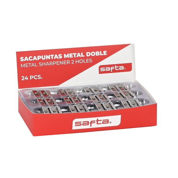 Safta Expositor con 24 Sacapuntas Doble de Metal - Cuchilla de Alta Calidad - Agarre Ergonomico - Color Aluminio