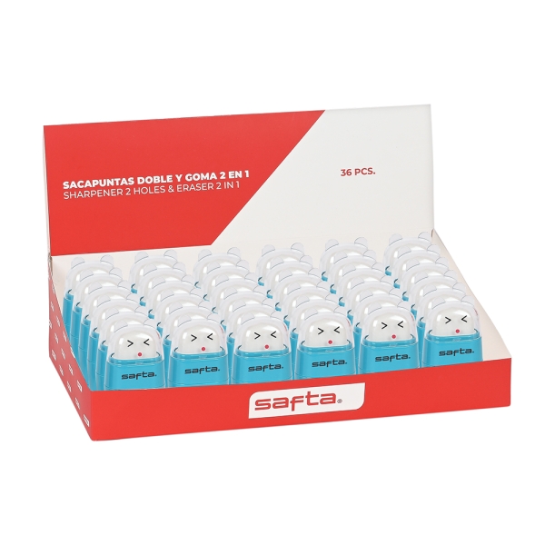 Safta Expositor con 36 Afilaborras - Doble Funcion de Sacapuntas y Goma - Tapa Protectora de Plastico - Deposito para Virutas - Colores Surtidos