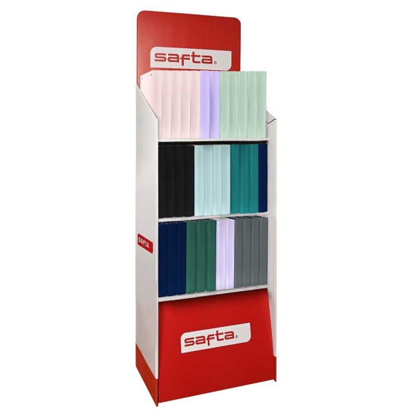 Safta Expositor con 36 Carpetas de 4 Anillas 35mm - Recambio 100 Hojas - 3 Estantes - Tapas de PP Foam - Cierre Elastico - Separadores Internos - Solapa Interior - Hojas de 90g/m2 - Colores Surtidos